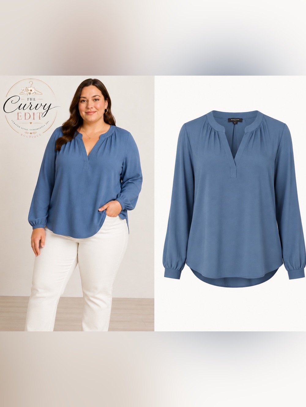 Madison XL Dusty Blue Long Sleeve Blouse | Split Neck Tunic Top